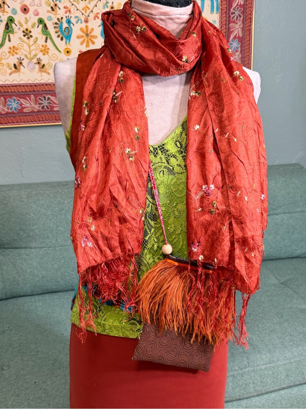 Embroidered Rust Red floral Silk scarf Shawl fringe
